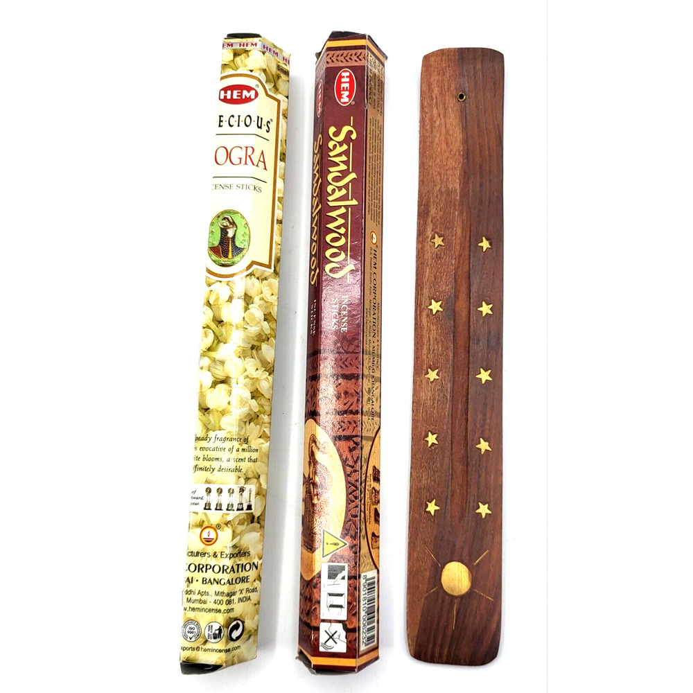 Wood Incense Burner with 2 Packs of Incense Sticks Sandalwood Mogra NOS